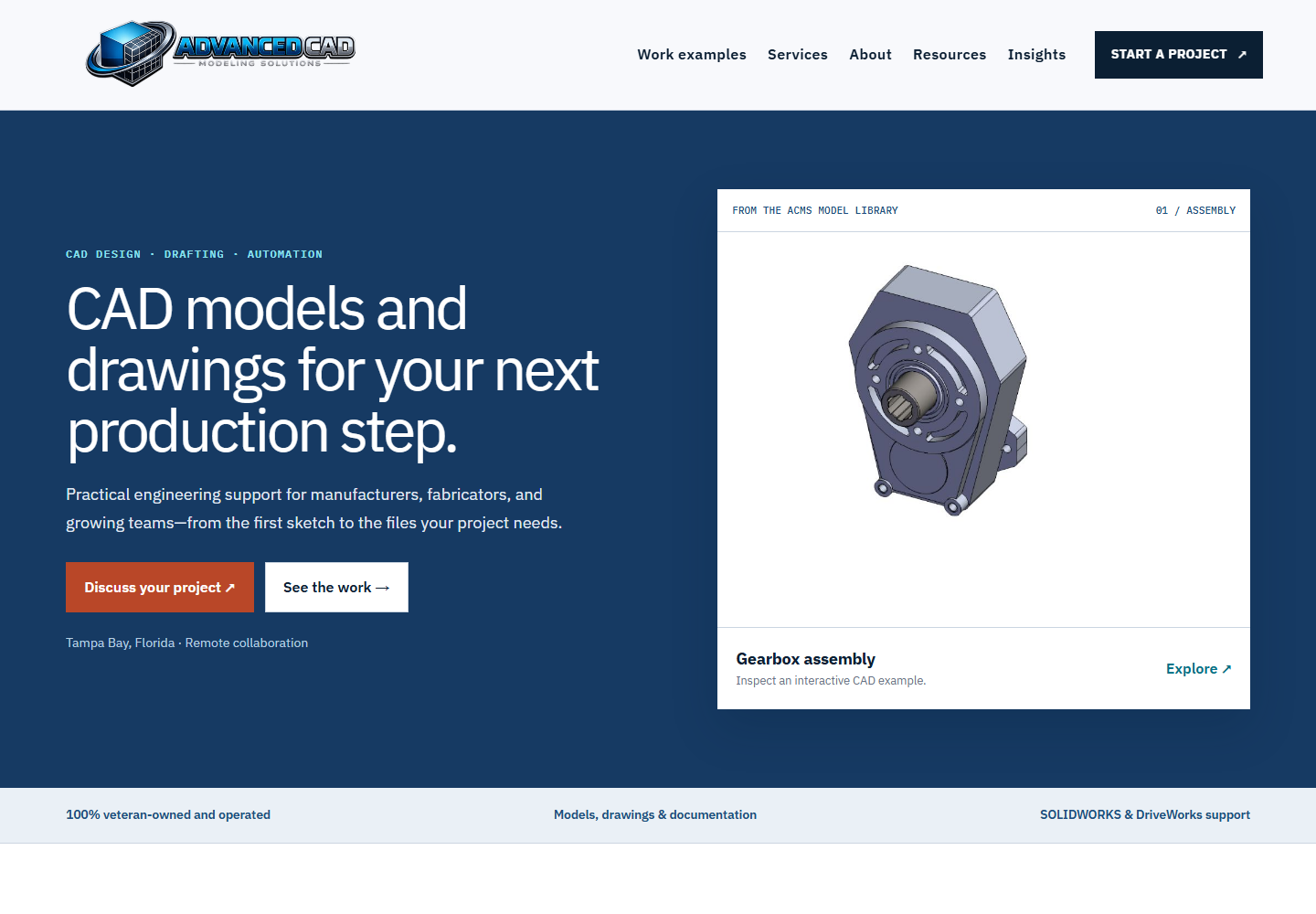 ACMS website homepage with its services navigation and gearbox model preview.